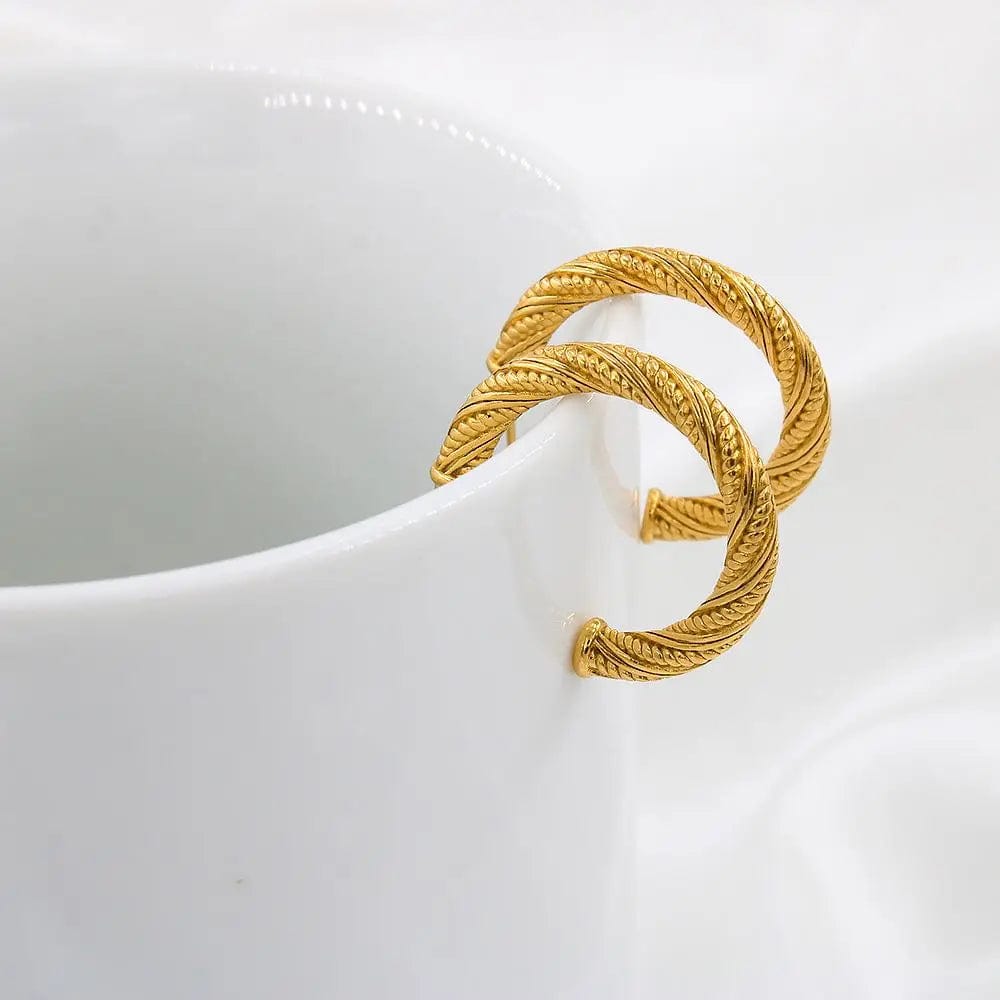 Fashion Earring / YS160 Gold Color Earrings FANJIN Textured Curved Rope Stainless Steel Hoop Earrings Unique C-Shaped Women's Stud Ear Jewelry Anti Allergic