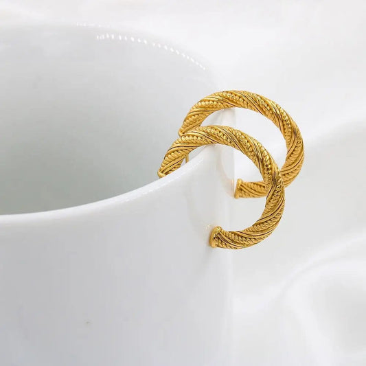 Fashion Earring / YS160 Gold Color Earrings FANJIN Textured Curved Rope Stainless Steel Hoop Earrings Unique C-Shaped Women's Stud Ear Jewelry Anti Allergic