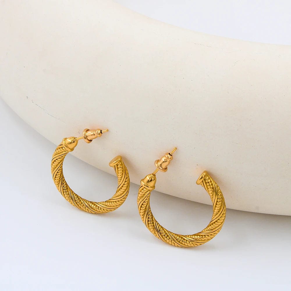 Fashion Earring / YS160 Gold Color Earrings FANJIN Textured Curved Rope Stainless Steel Hoop Earrings Unique C-Shaped Women's Stud Ear Jewelry Anti Allergic