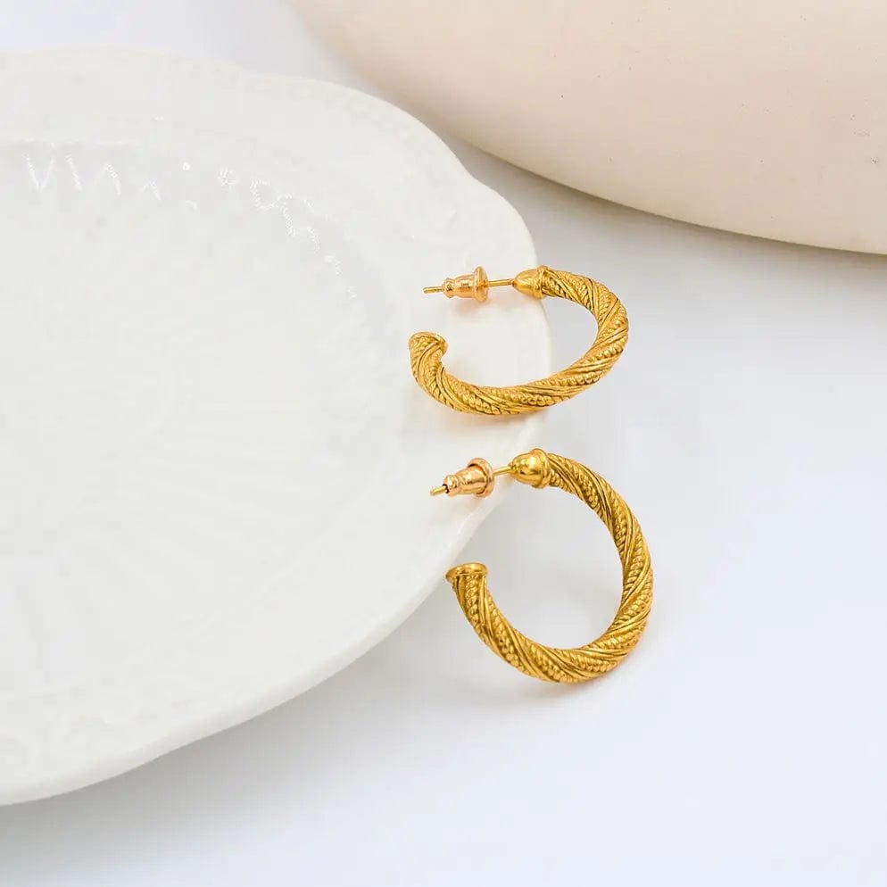 Fashion Earring / YS160 Gold Color Earrings FANJIN Textured Curved Rope Stainless Steel Hoop Earrings Unique C-Shaped Women's Stud Ear Jewelry Anti Allergic