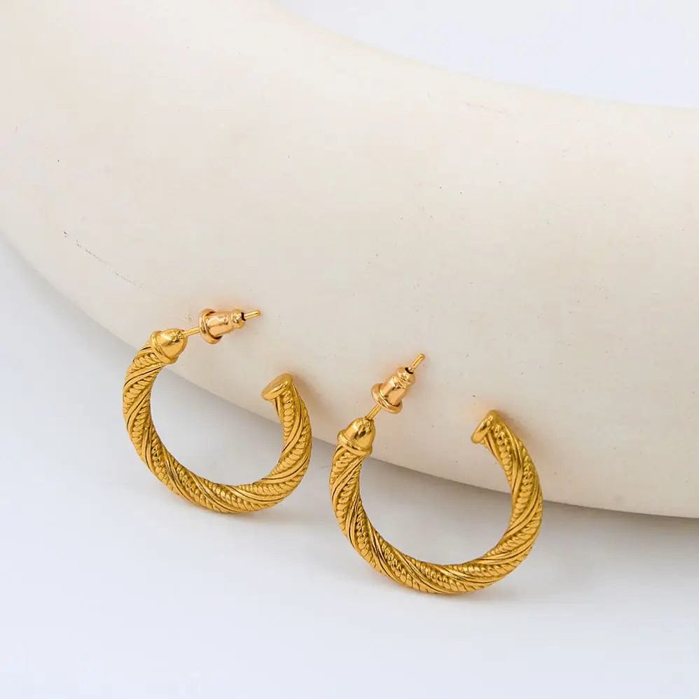 Fashion Earring / YS160 Gold Color Earrings FANJIN Textured Curved Rope Stainless Steel Hoop Earrings Unique C-Shaped Women's Stud Ear Jewelry Anti Allergic