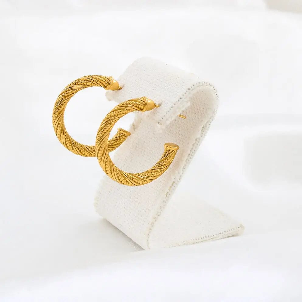 Fashion Earring / YS160 Gold Color Earrings FANJIN Textured Curved Rope Stainless Steel Hoop Earrings Unique C-Shaped Women's Stud Ear Jewelry Anti Allergic