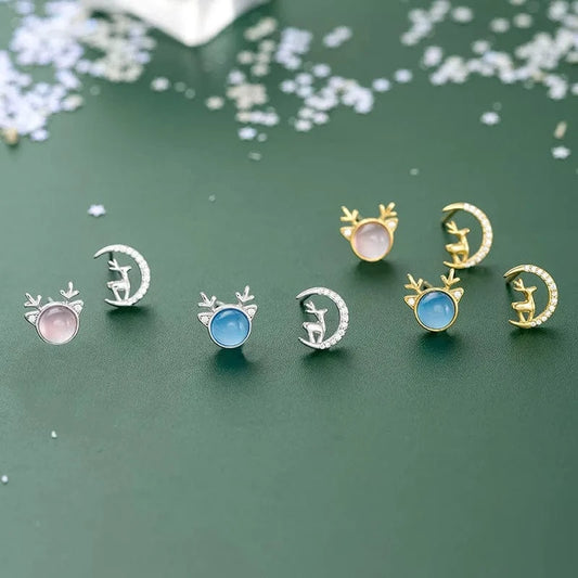 fashion earrings jewelry 925 sterling silver Christmas earring Elk deer moon cats-eys stone gold plated stud earrings for women