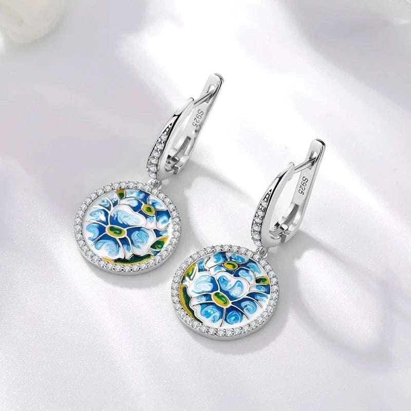 Fashion Elegant 925 Silver CZ Earrings for Women Handmade Enamel Blue river blooming Flower Pattern Party Earrings Jewelry Gift