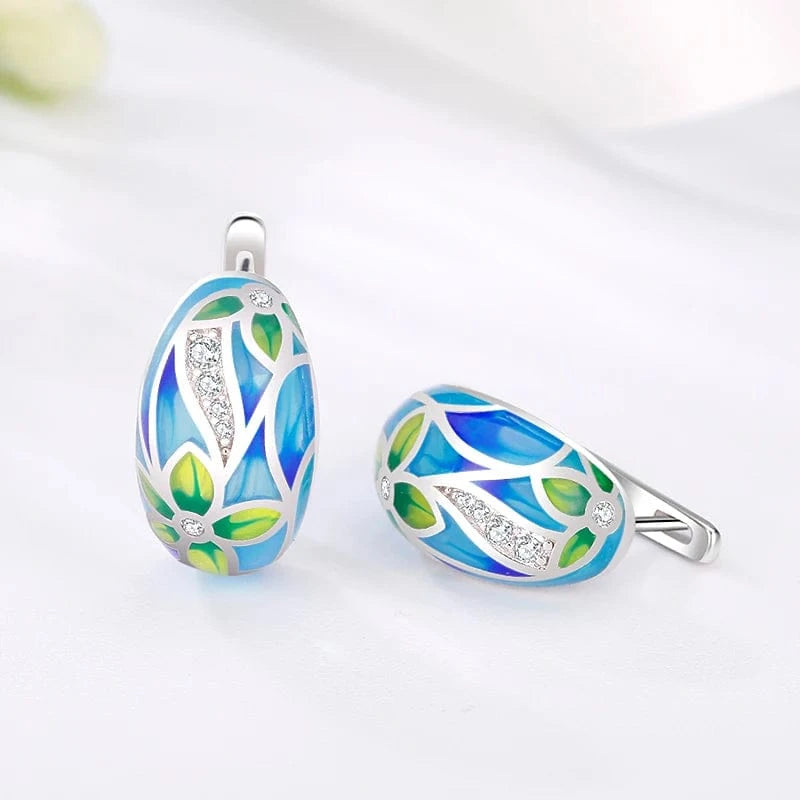 Fashion Elegant 925 Silver CZ Earrings for Women Handmade Enamel Blue river blooming Flower Pattern Party Earrings Jewelry Gift