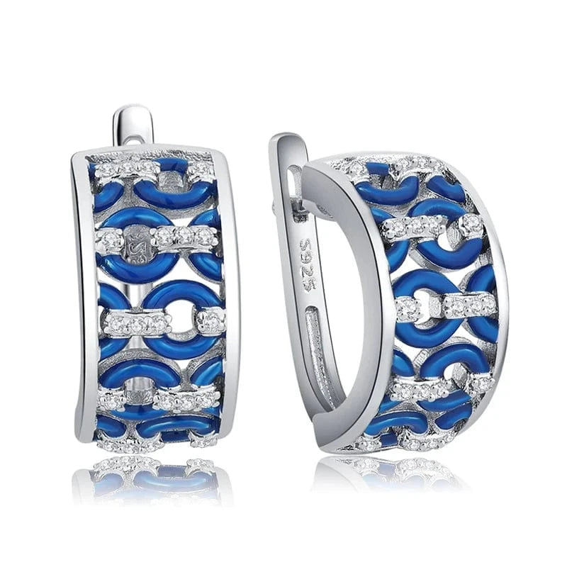 Fashion Elegant 925 Silver CZ Earrings for Women Handmade Enamel Blue river blooming Flower Pattern Party Earrings Jewelry Gift