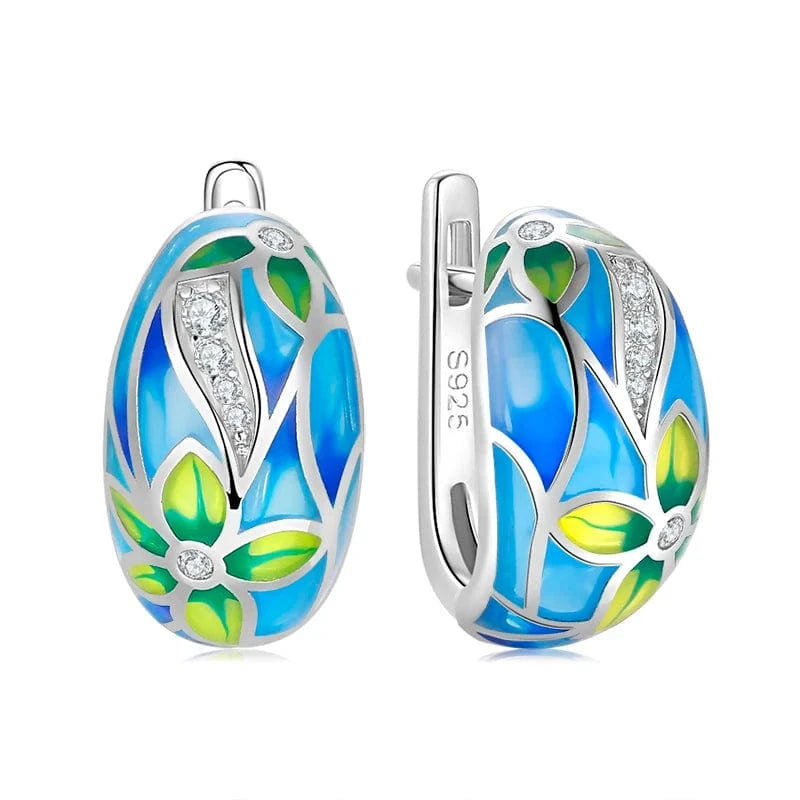 Fashion Elegant 925 Silver CZ Earrings for Women Handmade Enamel Blue river blooming Flower Pattern Party Earrings Jewelry Gift