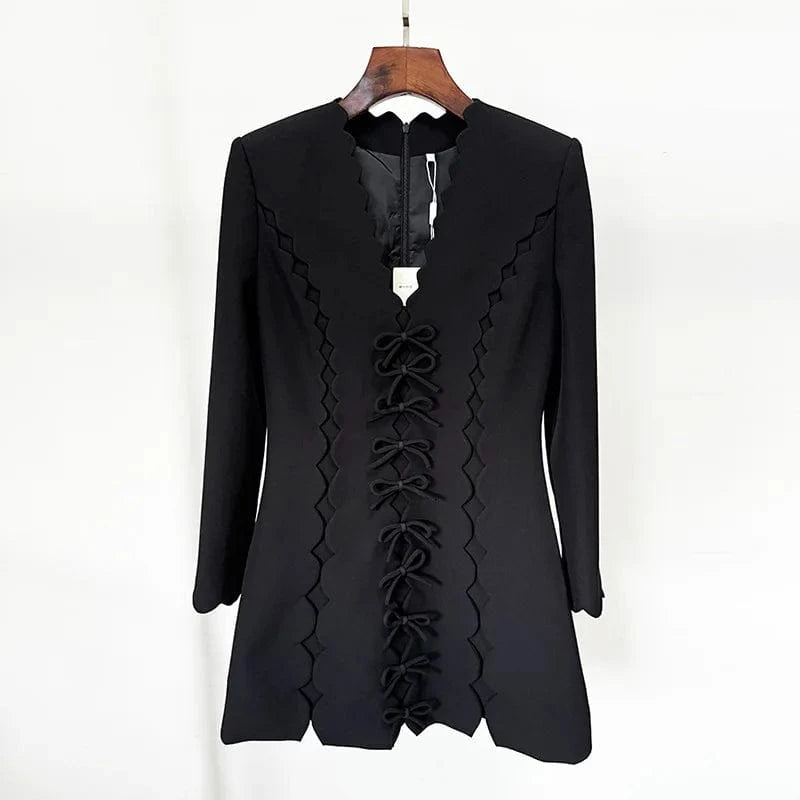 Fashion Elegant High Quality Black Party Casual Dresses 2024 Star With Wavy V-neck Bow Long Sleeve Dress Short Women's Dresses