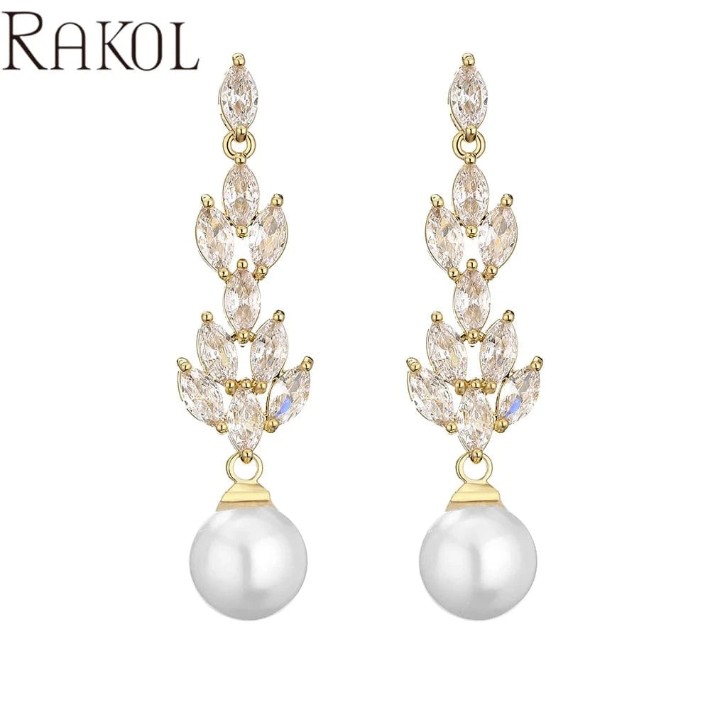 FASHION / EP5285 gold RAKOL EP5285 Baroque exquisite women elegant shining crystal customized big pearl dangle drop earrings for party wedding