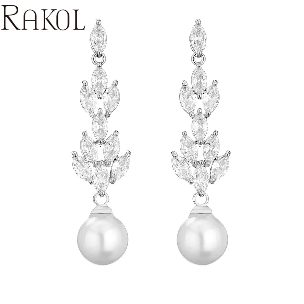 FASHION / EP5285 silver RAKOL EP5285 Baroque exquisite women elegant shining crystal customized big pearl dangle drop earrings for party wedding