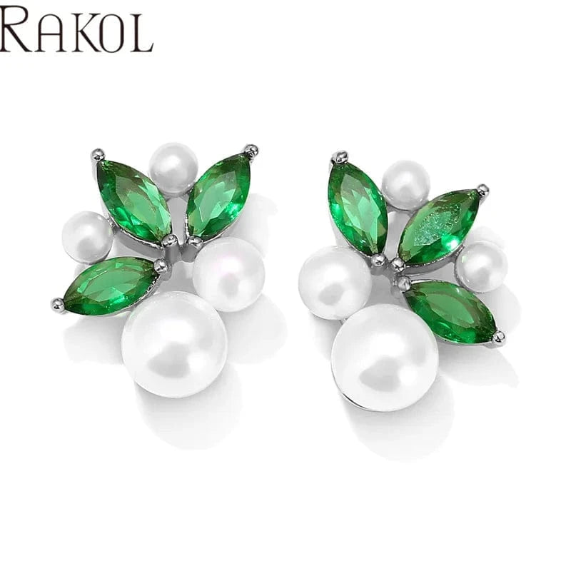 FASHION / EP5555 emerald RAKOL EP5555 charming crystal cubic zircon leaf shape pearl beaded christmas fashion jewelry women dating earrings