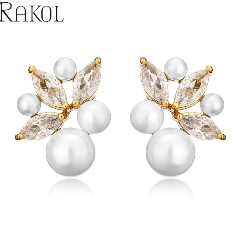 FASHION / EP5555 gold RAKOL EP5555 charming crystal cubic zircon leaf shape pearl beaded christmas fashion jewelry women dating earrings