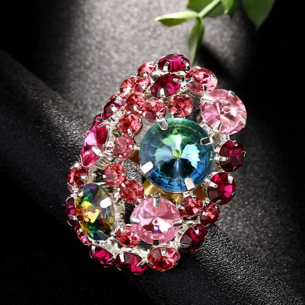 Fashion Exaggerated Colorful Round Rhinestone Ring Jewelry For Women Engagement Party Crystal Rings High Quality Wholesale