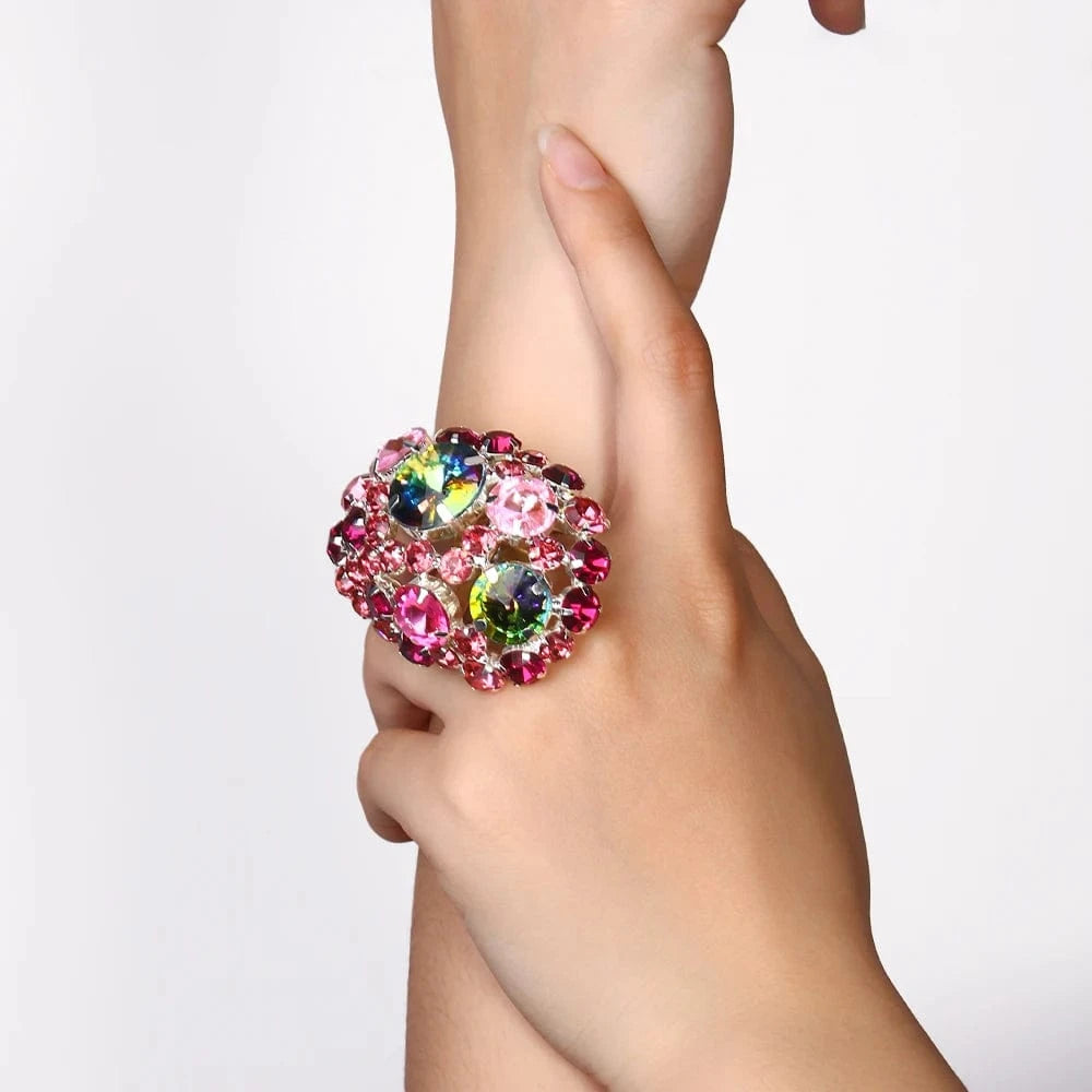Fashion Exaggerated Colorful Round Rhinestone Ring Jewelry For Women Engagement Party Crystal Rings High Quality Wholesale