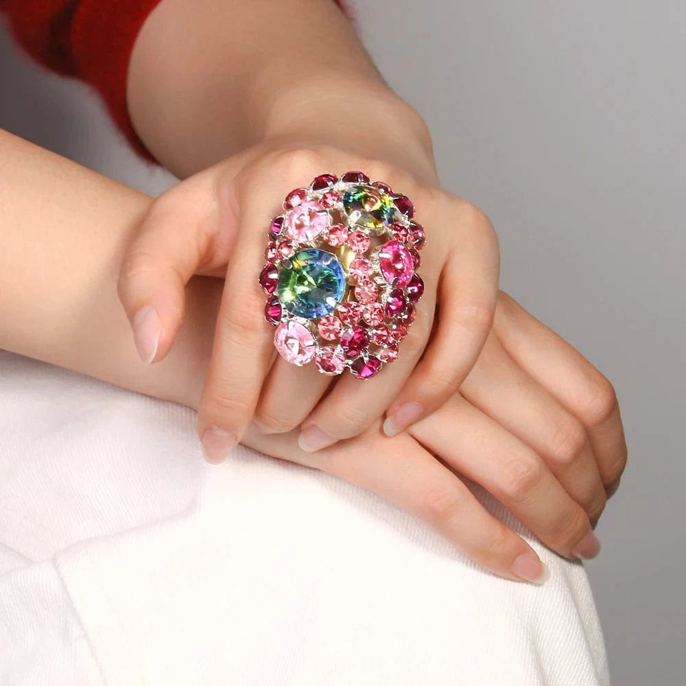 Fashion Exaggerated Colorful Round Rhinestone Ring Jewelry For Women Engagement Party Crystal Rings High Quality Wholesale