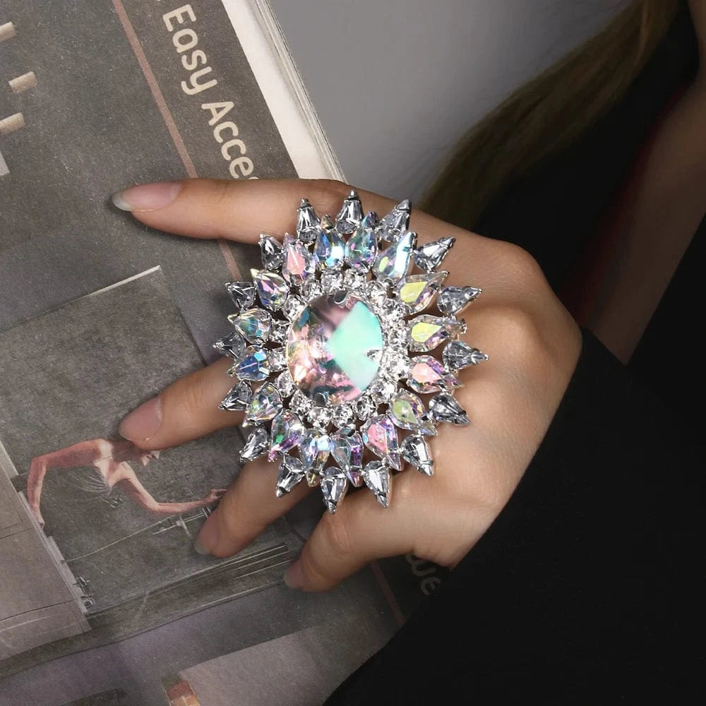 Fashion Exaggerated Geometric AB Color Rhinestone Ring Jewelry For Women Engagement Party Crystal Round Finger Rings Wholesale