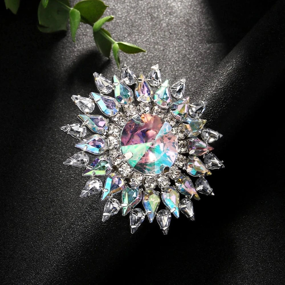 Fashion Exaggerated Geometric AB Color Rhinestone Ring Jewelry For Women Engagement Party Crystal Round Finger Rings Wholesale