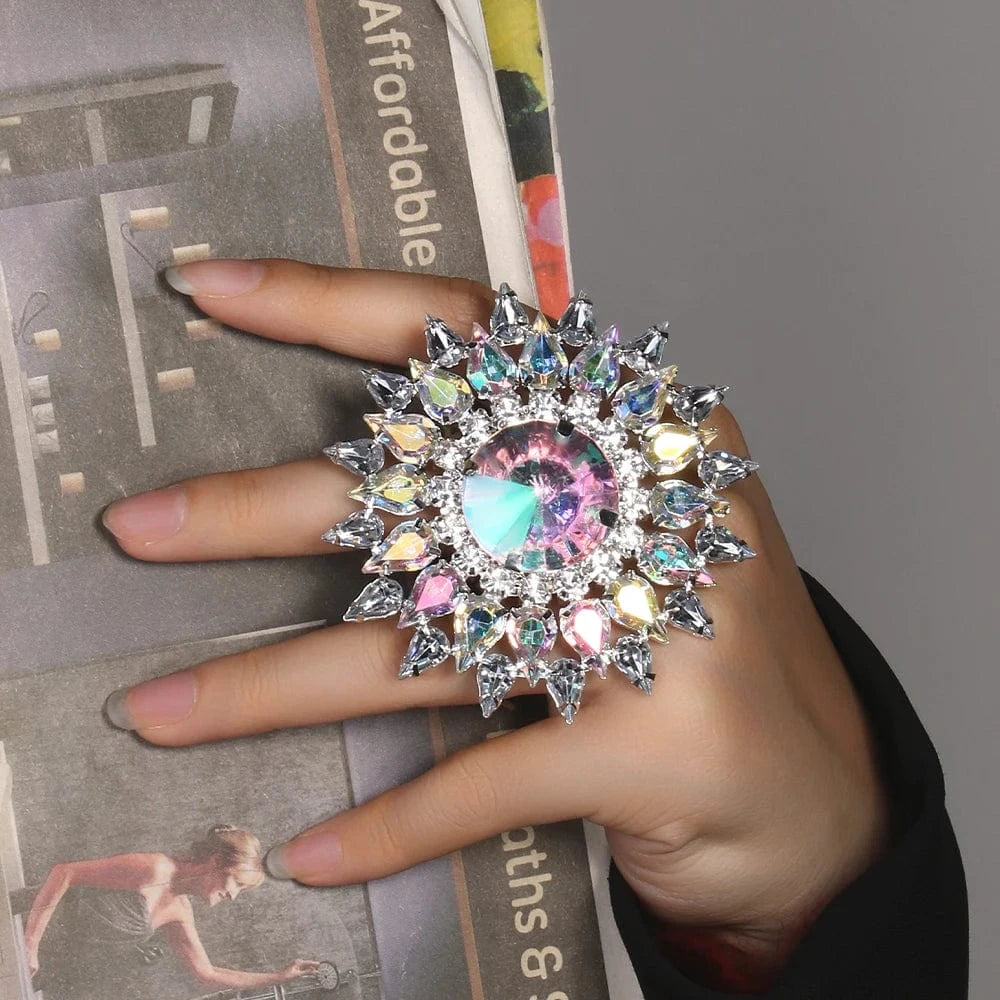 Fashion Exaggerated Geometric AB Color Rhinestone Ring Jewelry For Women Engagement Party Crystal Round Finger Rings Wholesale