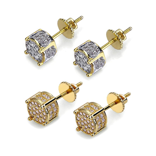 Fashion Fine Jewelry Hip Hop Two Tone Screw Back Micro Pave Cubic Zircon Round Stud Earring Gift for Men and Women