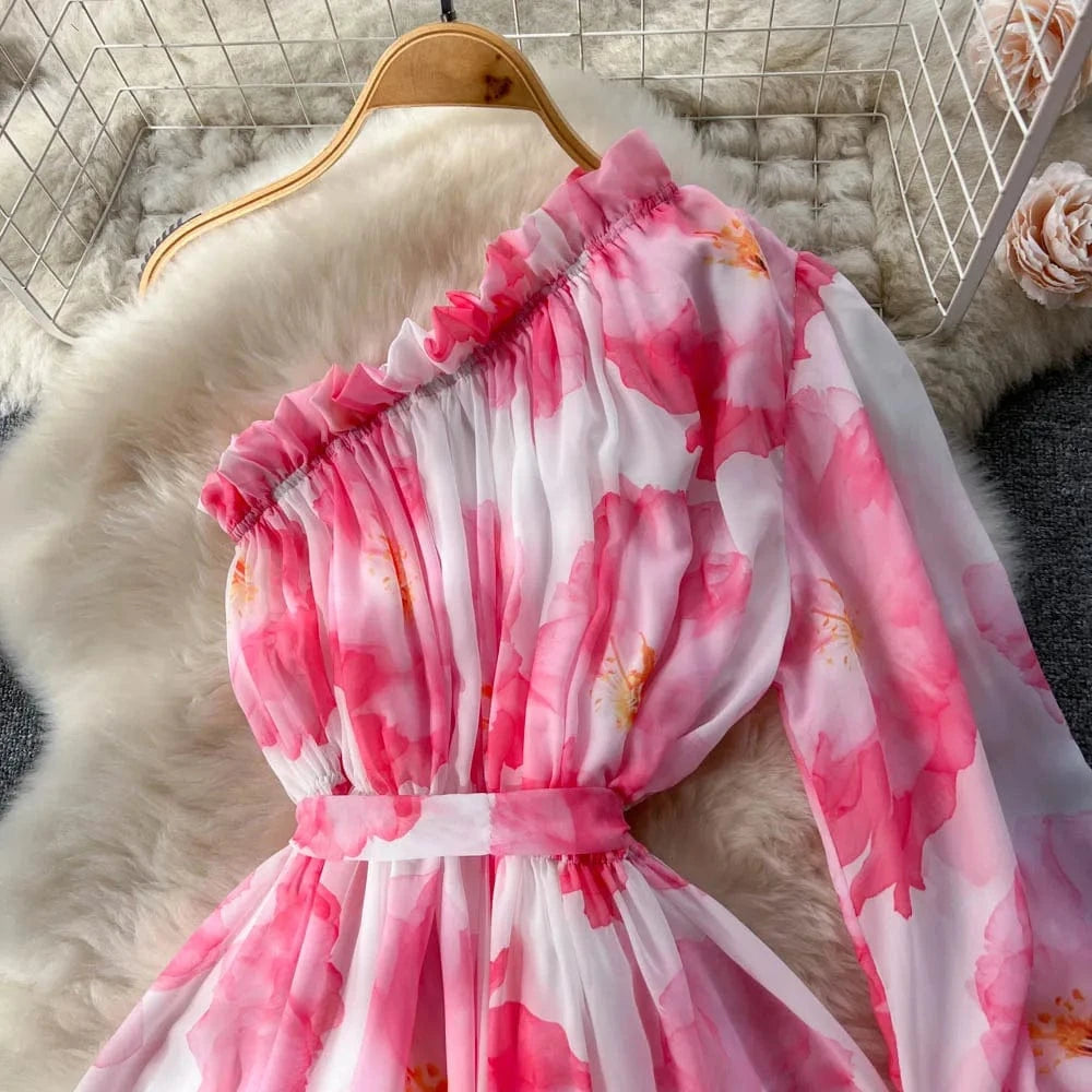 Fashion Floral Maxi Dress Women Summer One Shoulder Puff Sleeve Sun Beach Chiffon Casual Long Dresses Women 2023