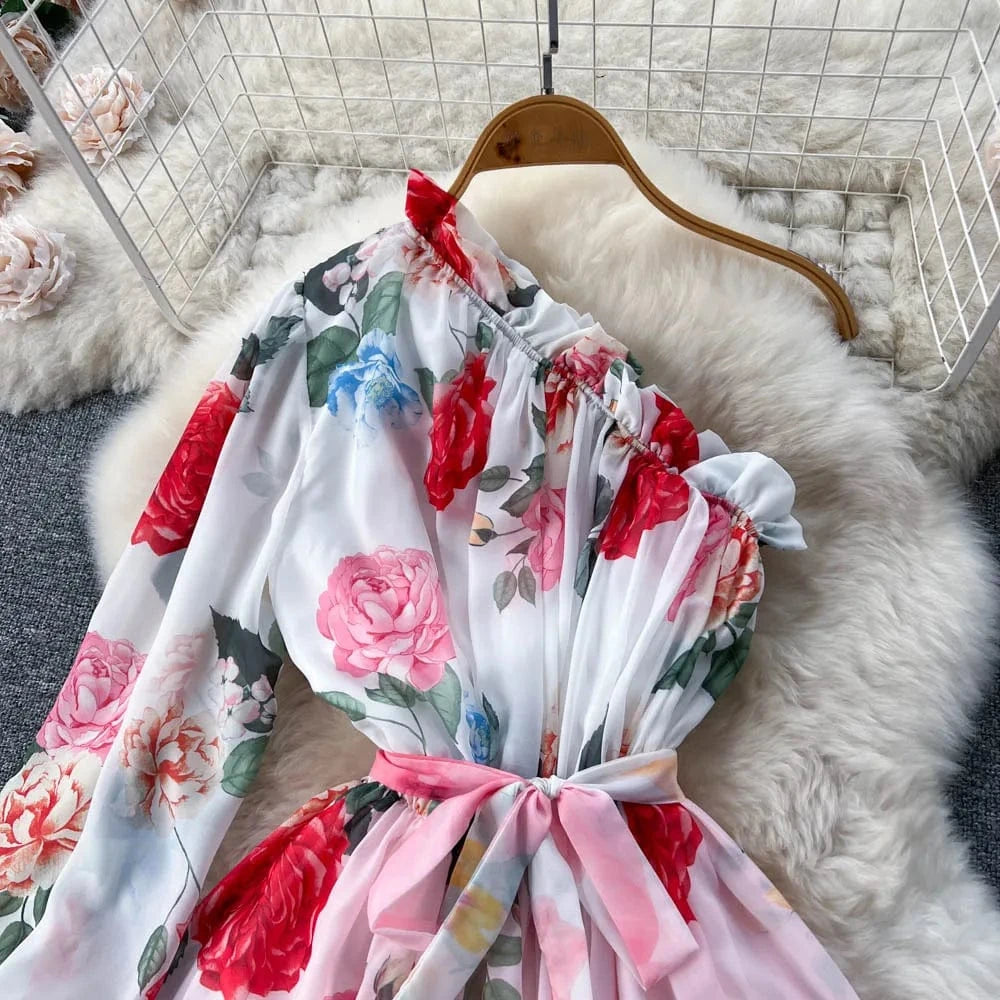 Fashion Floral Maxi Dress Women Summer One Shoulder Puff Sleeve Sun Beach Chiffon Casual Long Dresses Women 2023