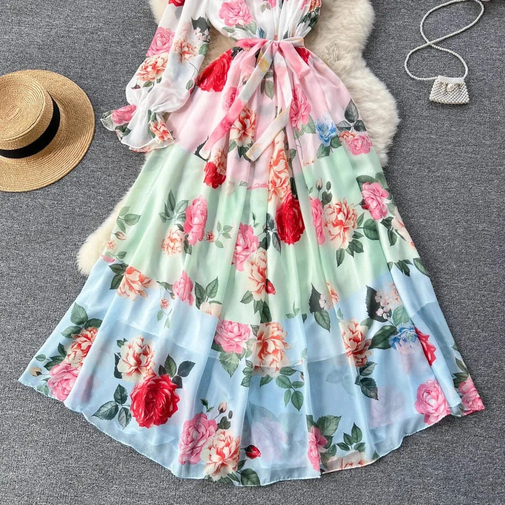 Fashion Floral Maxi Dress Women Summer One Shoulder Puff Sleeve Sun Beach Chiffon Casual Long Dresses Women 2023