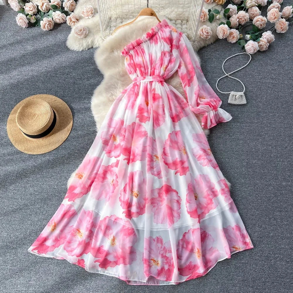 Fashion Floral Maxi Dress Women Summer One Shoulder Puff Sleeve Sun Beach Chiffon Casual Long Dresses Women 2023
