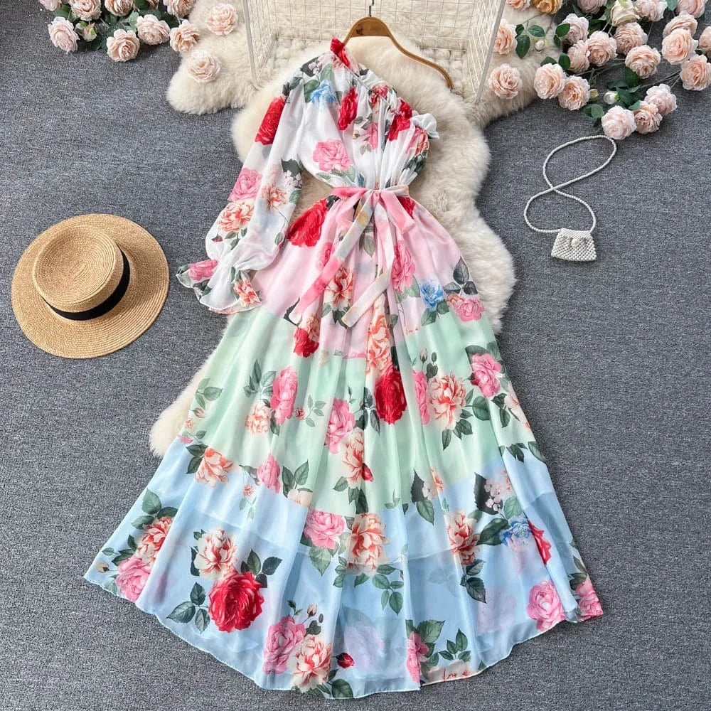 Fashion Floral Maxi Dress Women Summer One Shoulder Puff Sleeve Sun Beach Chiffon Casual Long Dresses Women 2023