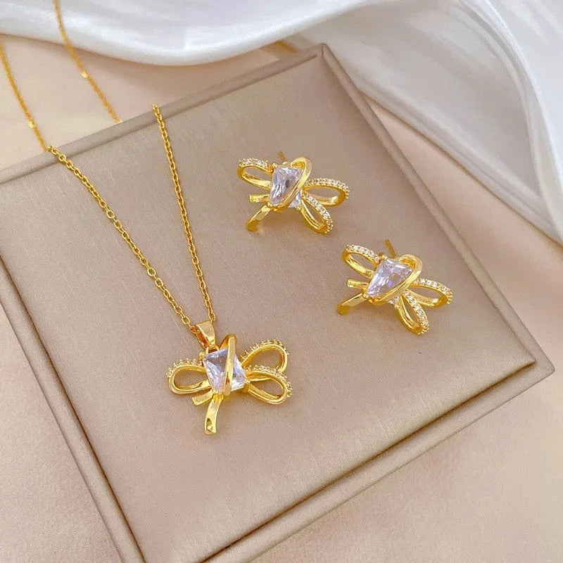 Fashion Frosted pearlsButterfly Pendant Necklace Earring Jewelry Set Gold Plated Fashion Style Jewelry
