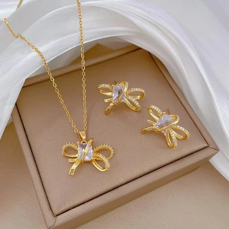 Fashion Frosted pearlsButterfly Pendant Necklace Earring Jewelry Set Gold Plated Fashion Style Jewelry