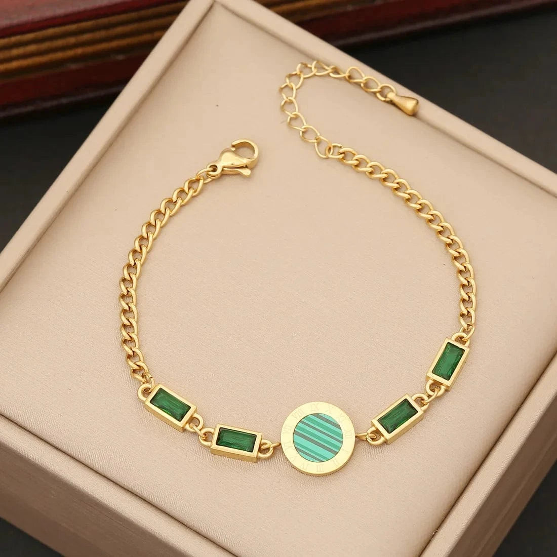 fashion / G Bracelet Wholesale Women Emerald Zircon Heart Four Leaf Clover Necklace Bracelet Earrings New 18k Gold Plated Stainless Steel Jewelry Set