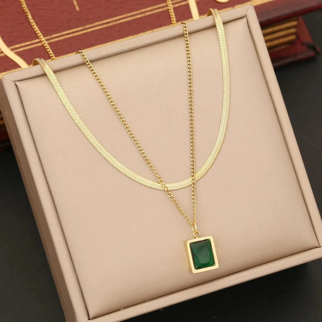 fashion / G Necklace Wholesale Women Emerald Zircon Heart Four Leaf Clover Necklace Bracelet Earrings New 18k Gold Plated Stainless Steel Jewelry Set