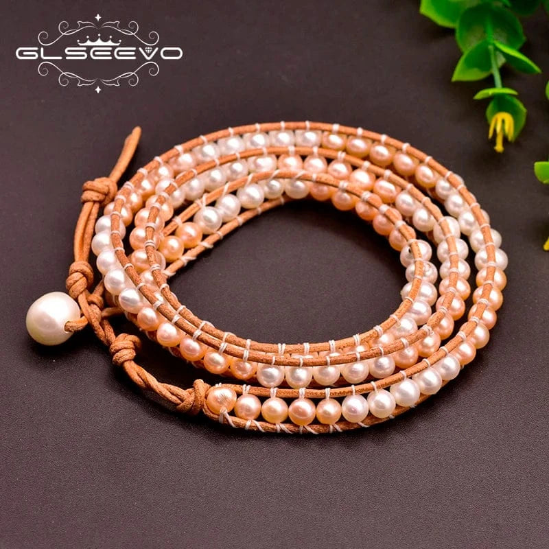 fashion / GB0158 Natural Fresh Water Pearl Leather Bracelet For Women Girl Anniversary Party Fine Jewelry