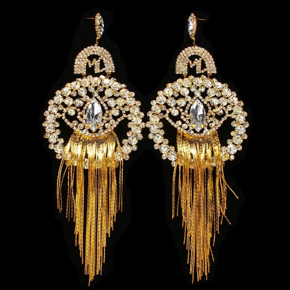 fashion / Gold Exaggerated Large Round Earrings Jewelry Personality Rhinestone Long Tassel Earrings for Women