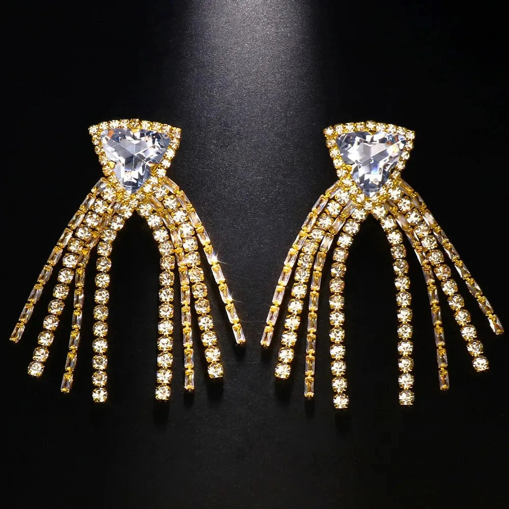 fashion / Gold Exaggerated Triangle Tassel Rhinestone Crystal Earrings Geometric Drop Earrings Women Luxury Accessories Jewelry