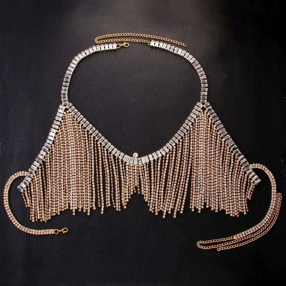 Fashion / Gold Fashion Simple Silver And Gold Plated Tassel Rhinestone Bra Chain Jewelry For Women Girls Sexy Nightclub Body Chain Wholesale