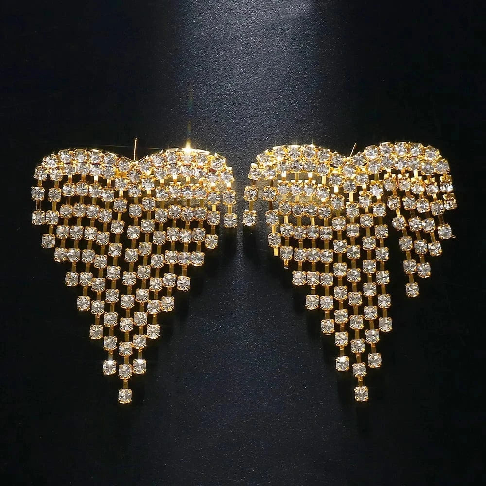 fashion / Gold Rhinestone Heart Tassel Earrings Statement for Women Shiny Crystal Fashion Jewelry Earrings Wholesale