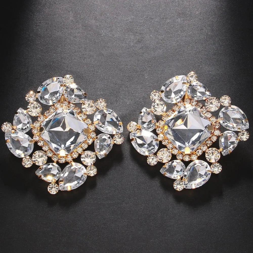 fashion / Gold Square Crystal Ear Clips Earrings Statement Exaggerated Rhinestone Earrings Clip No Pierced Jewelry
