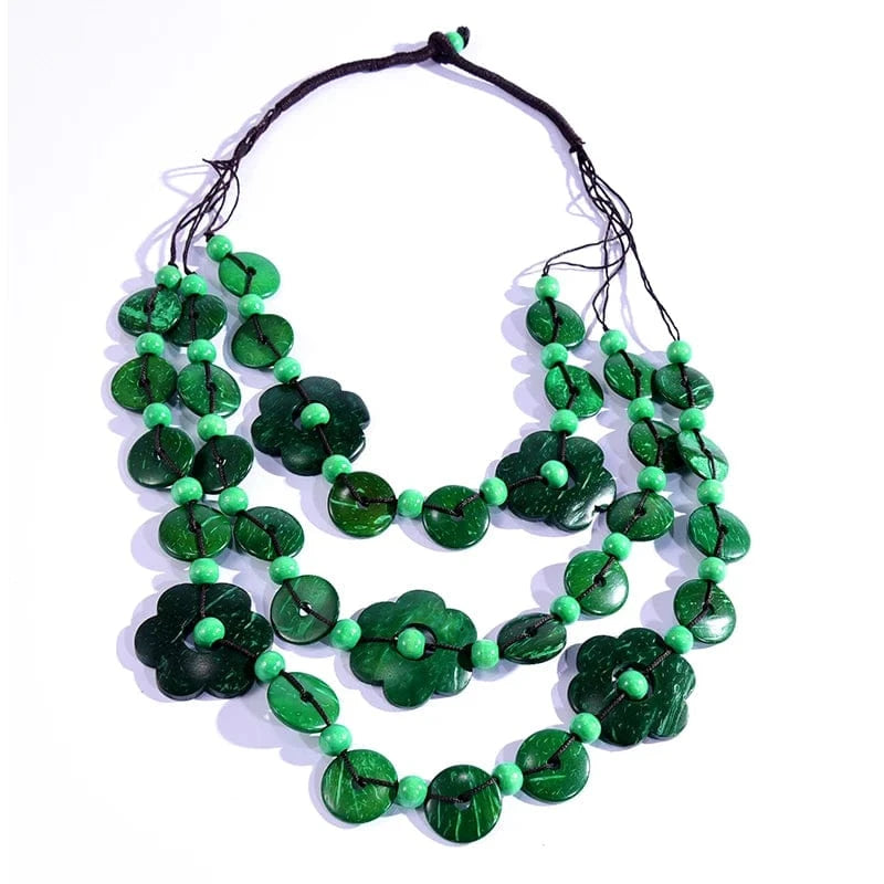 Fashion / Green Hot Sale Flower Coconut shell Wood Beads Necklaces for Women Bohemian Ethnic Jewelry Handmade  Long Statement Necklace