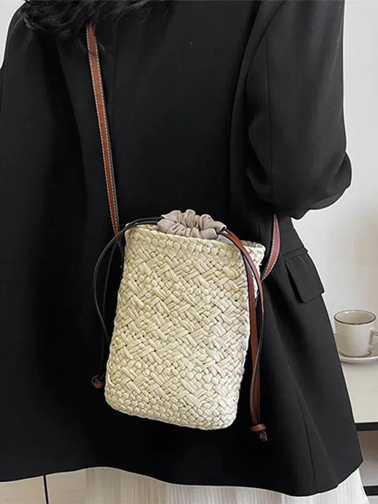 Fashion Handbag High - grade Leather Trend Versatile Simple Drawstring Bucket Bag Retro Texture Brand Designer Shoulder Bag - SN Wigs & More