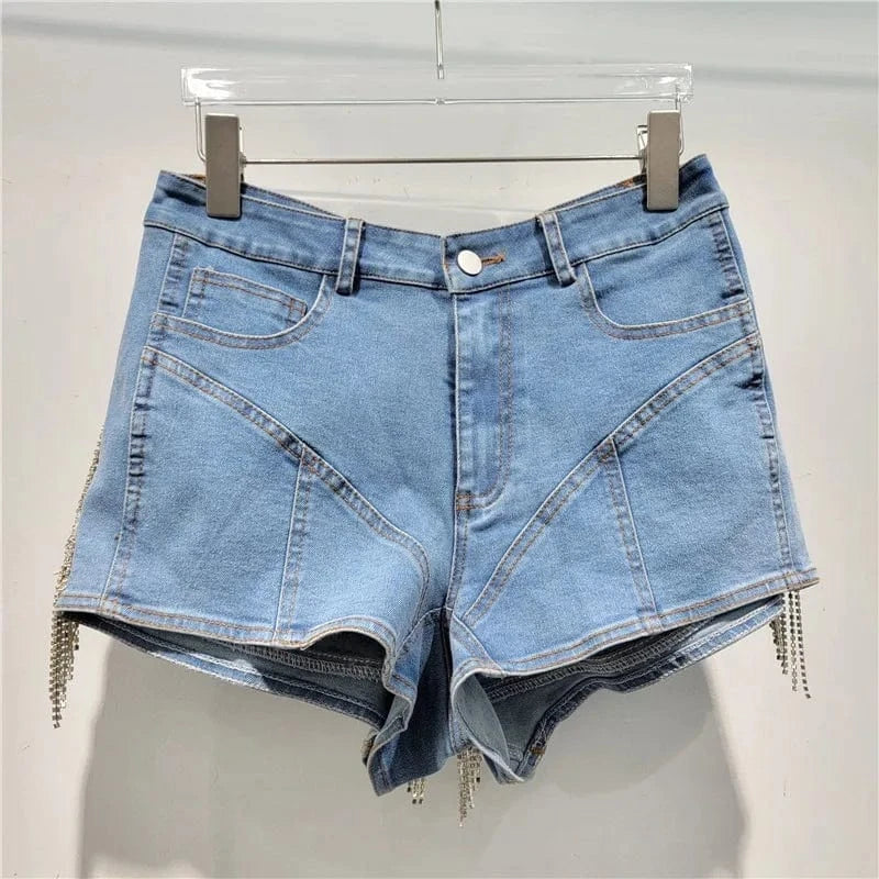 Fashion Heavy Industry Crystal Diamond Tassel Splicing Obvious Decoration High Waist Denim Shorts Women's Elastic Tight Pants