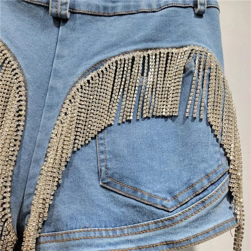 Fashion Heavy Industry Crystal Diamond Tassel Splicing Obvious Decoration High Waist Denim Shorts Women's Elastic Tight Pants