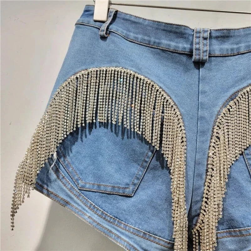 Fashion Heavy Industry Crystal Diamond Tassel Splicing Obvious Decoration High Waist Denim Shorts Women's Elastic Tight Pants