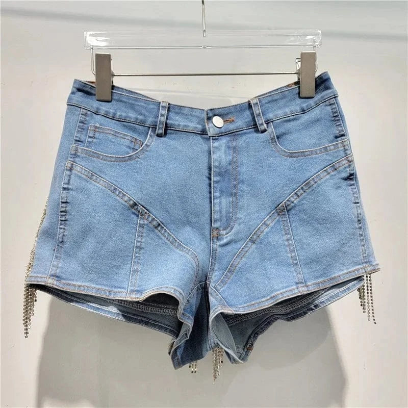 Fashion Heavy Industry Crystal Diamond Tassel Splicing Obvious Decoration High Waist Denim Shorts Women's Elastic Tight Pants