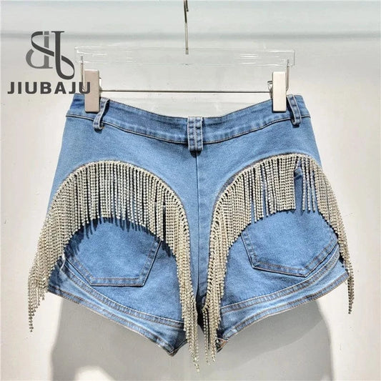 Fashion Heavy Industry Crystal Diamond Tassel Splicing Obvious Decoration High Waist Denim Shorts Women's Elastic Tight Pants