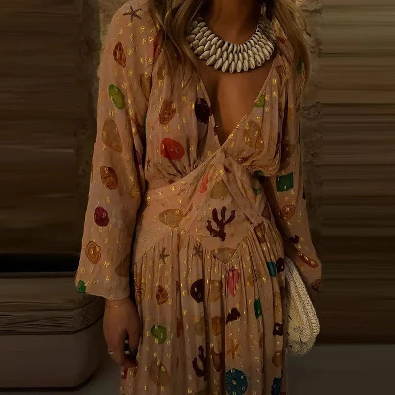 Fashion Hight Waist Pleated Chiffon Party Dress Sexy V-neck Long Sleeve Loose Long Dress Women Elegant Pattern Print Beach Dress