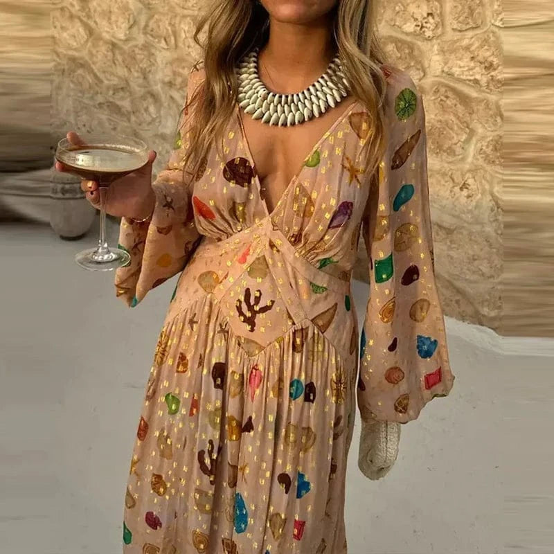 Fashion Hight Waist Pleated Chiffon Party Dress Sexy V-neck Long Sleeve Loose Long Dress Women Elegant Pattern Print Beach Dress