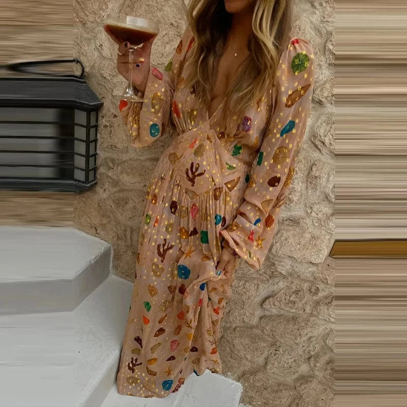 Fashion Hight Waist Pleated Chiffon Party Dress Sexy V-neck Long Sleeve Loose Long Dress Women Elegant Pattern Print Beach Dress