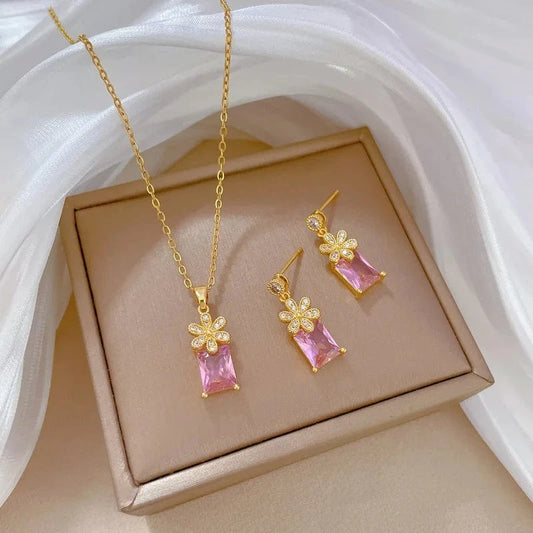 Fashion Hot Selling Pink Zircon Fine Jewelry Setcrystal Vintage Stainless Steel Jewelry Set For Women