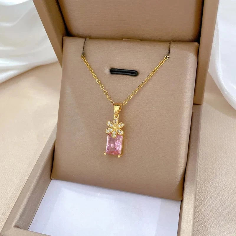 Fashion Hot Selling Pink Zircon Fine Jewelry Setcrystal Vintage Stainless Steel Jewelry Set For Women